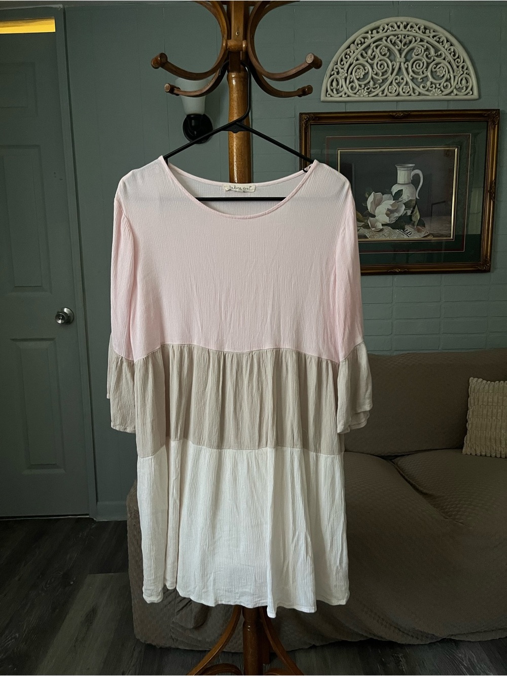 indigo soul Pink, Beige & White Tiered Midi Dress
